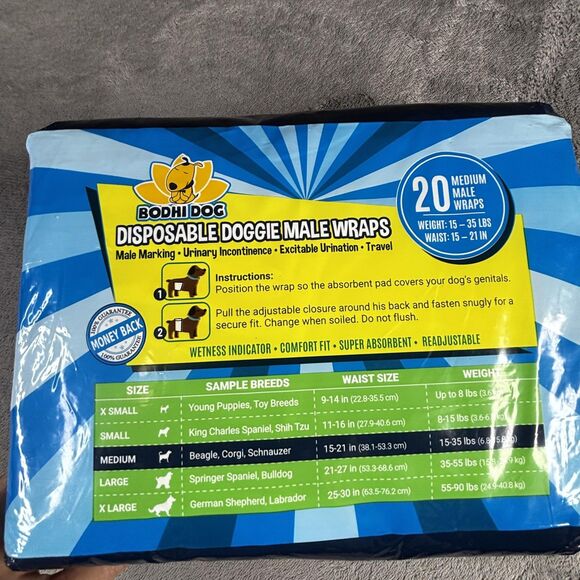 Bodhi Dog Disposable Male Doggie Wraps 20 Pack Medium 15-35 lbs Waist 15-21 Inch - Picture 11 of 14